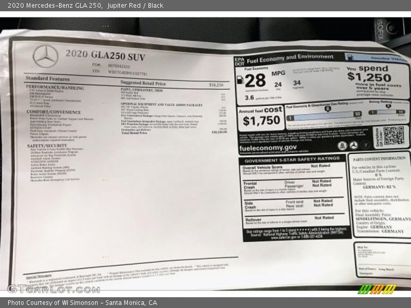  2020 GLA 250 Window Sticker