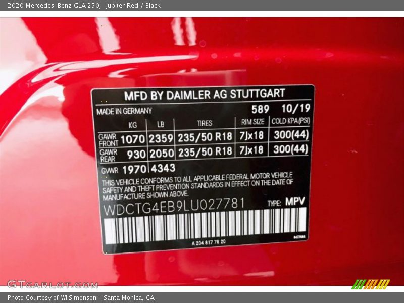 2020 GLA 250 Jupiter Red Color Code 589