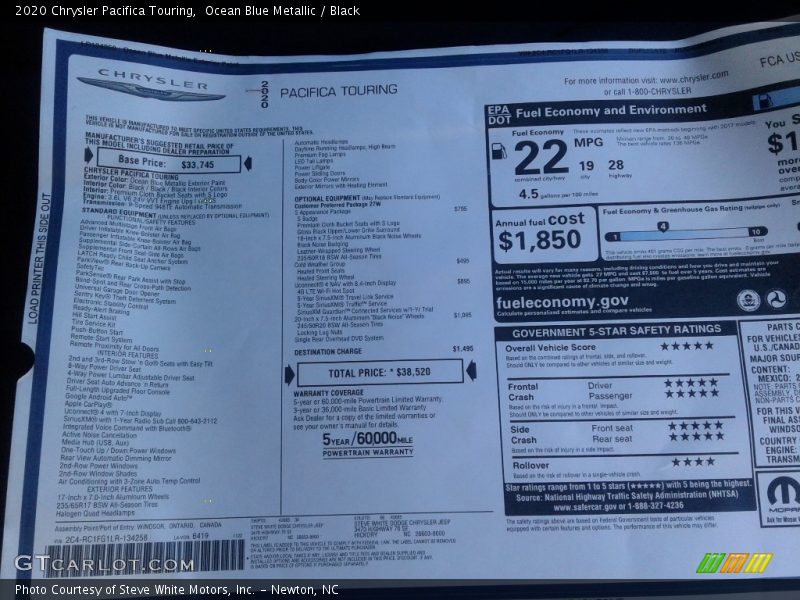 Ocean Blue Metallic / Black 2020 Chrysler Pacifica Touring