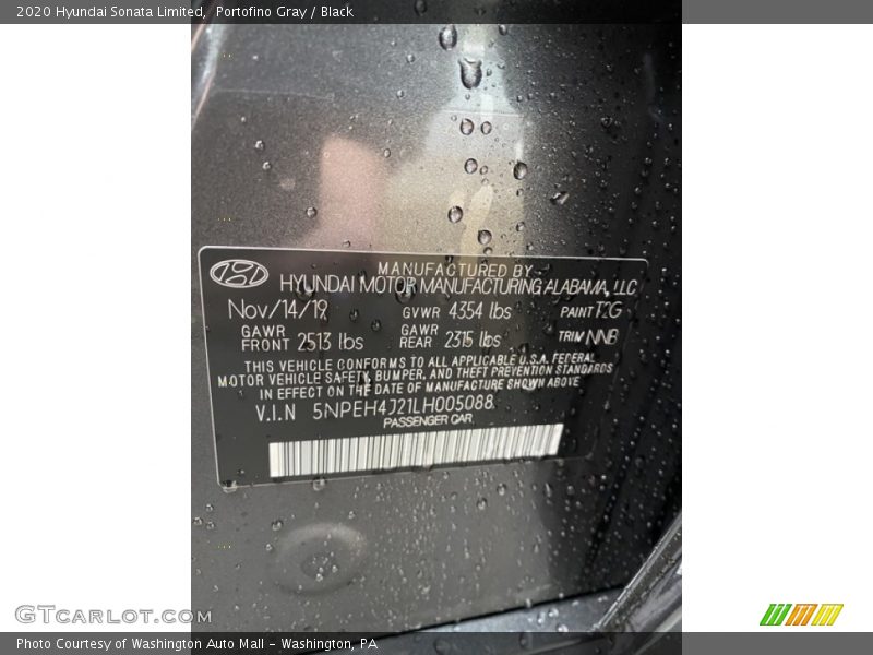 Portofino Gray / Black 2020 Hyundai Sonata Limited