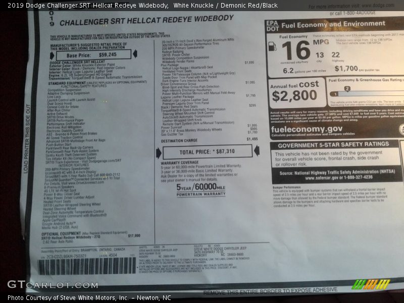 White Knuckle / Demonic Red/Black 2019 Dodge Challenger SRT Hellcat Redeye Widebody