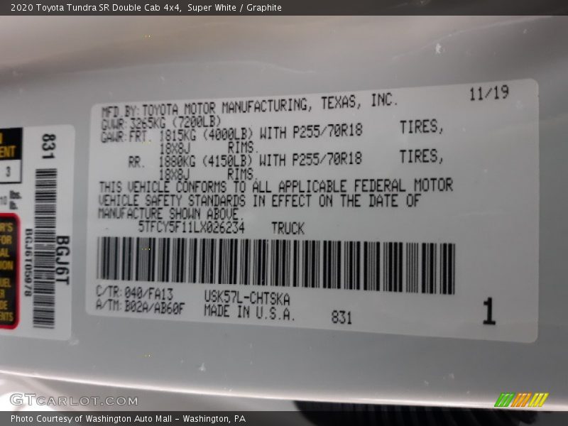 Super White / Graphite 2020 Toyota Tundra SR Double Cab 4x4