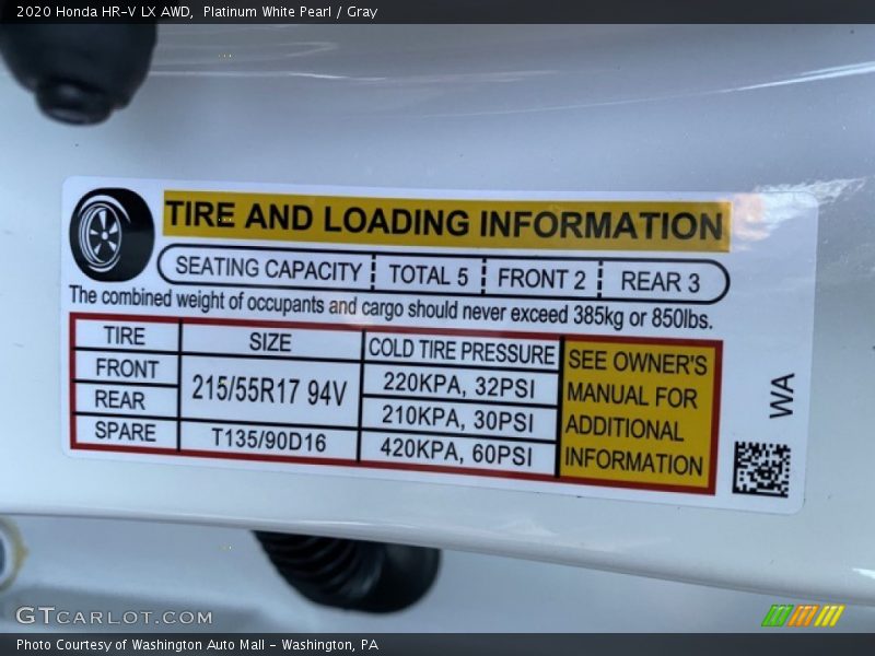 Platinum White Pearl / Gray 2020 Honda HR-V LX AWD