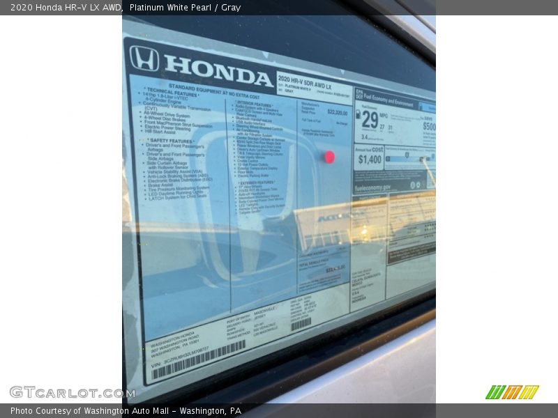 Platinum White Pearl / Gray 2020 Honda HR-V LX AWD