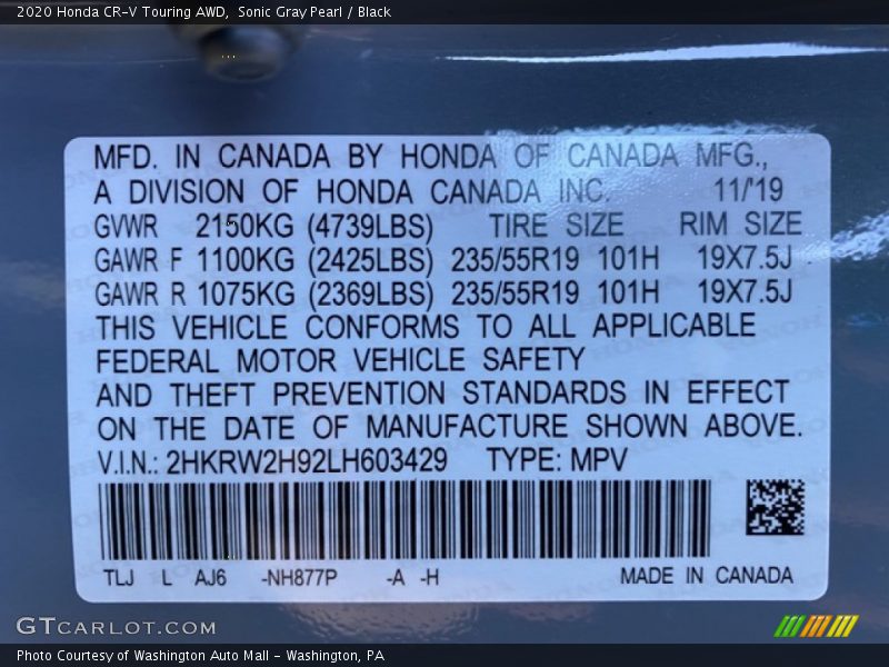 Sonic Gray Pearl / Black 2020 Honda CR-V Touring AWD