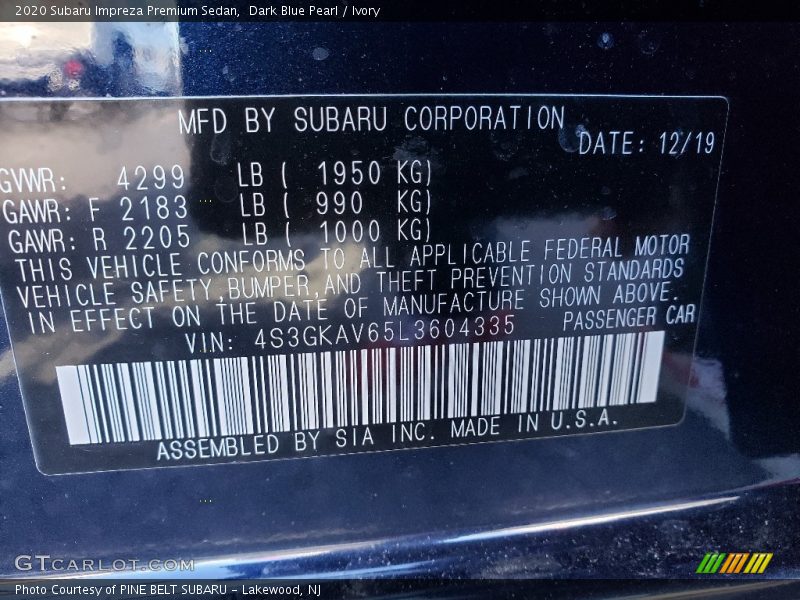 Dark Blue Pearl / Ivory 2020 Subaru Impreza Premium Sedan