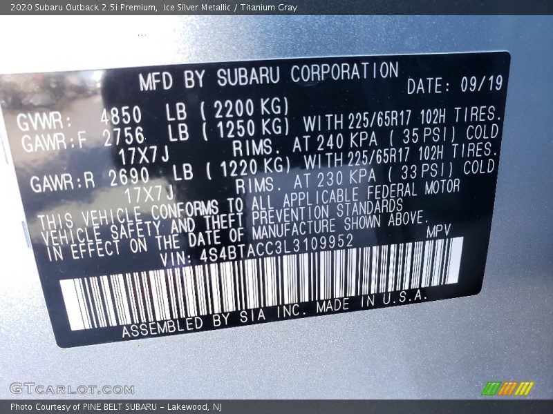 Ice Silver Metallic / Titanium Gray 2020 Subaru Outback 2.5i Premium