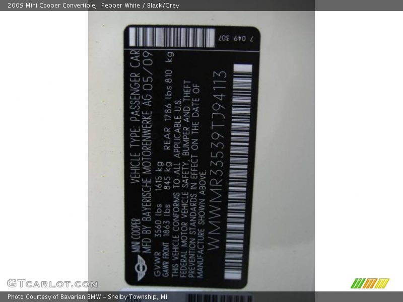 Pepper White / Black/Grey 2009 Mini Cooper Convertible