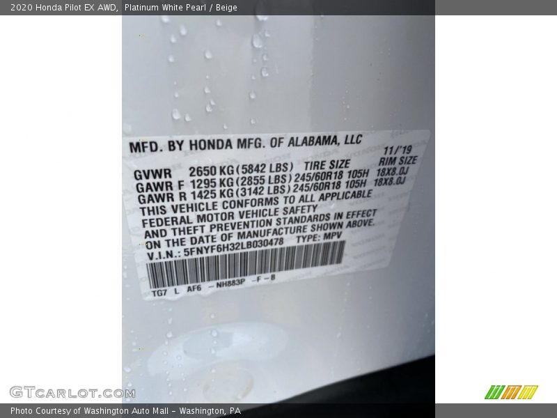 Platinum White Pearl / Beige 2020 Honda Pilot EX AWD