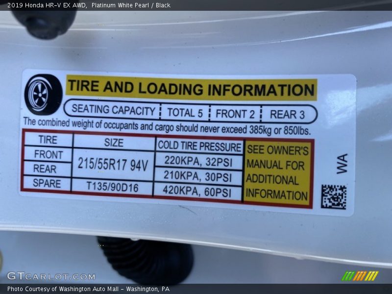 Platinum White Pearl / Black 2019 Honda HR-V EX AWD