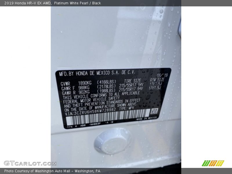 Platinum White Pearl / Black 2019 Honda HR-V EX AWD