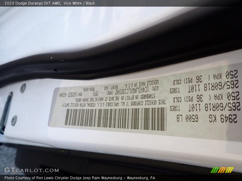Vice White / Black 2020 Dodge Durango SXT AWD