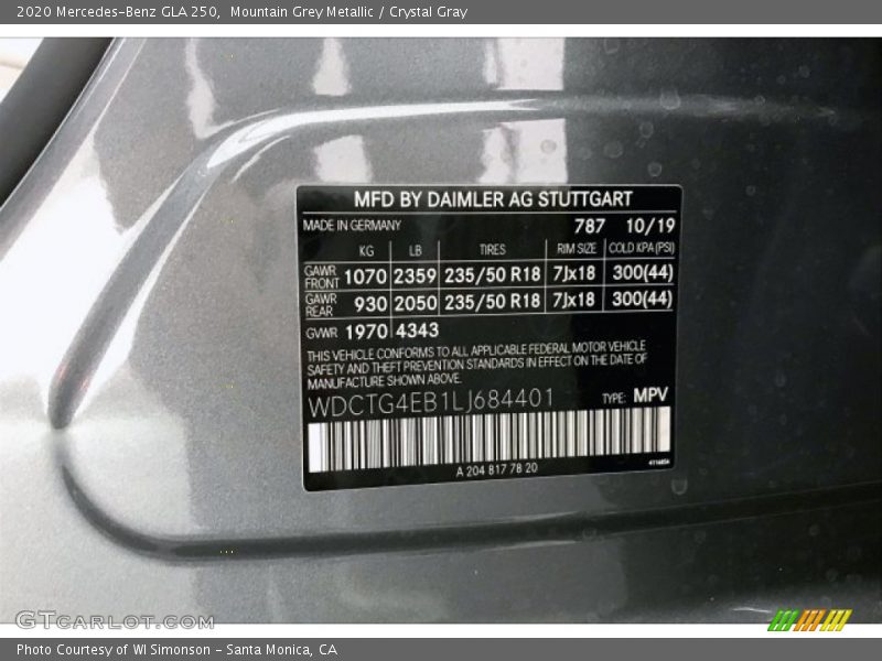 Mountain Grey Metallic / Crystal Gray 2020 Mercedes-Benz GLA 250