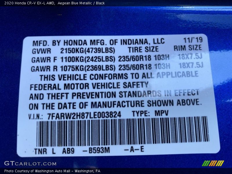 Aegean Blue Metallic / Black 2020 Honda CR-V EX-L AWD