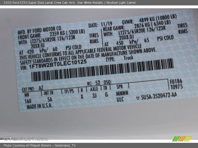 2020 F250 Super Duty Lariat Crew Cab 4x4 Star White Metallic Color Code AZ