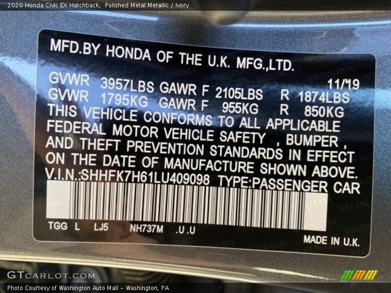 Polished Metal Metallic / Ivory 2020 Honda Civic EX Hatchback