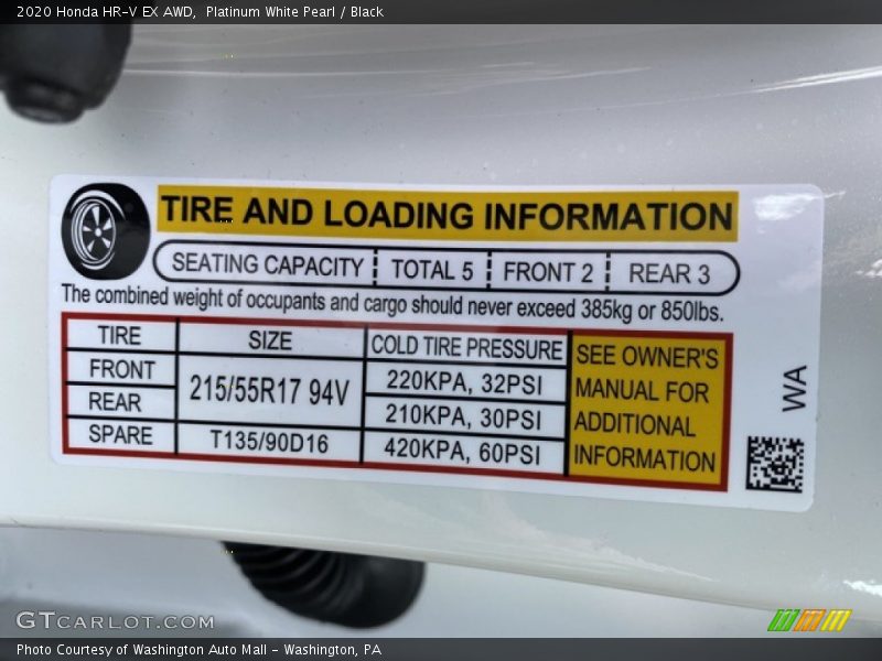 Platinum White Pearl / Black 2020 Honda HR-V EX AWD