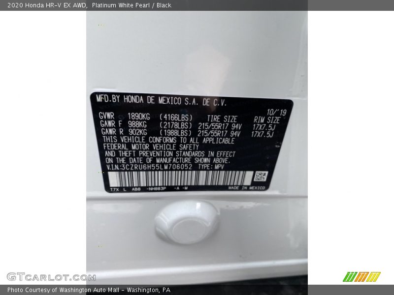 Platinum White Pearl / Black 2020 Honda HR-V EX AWD