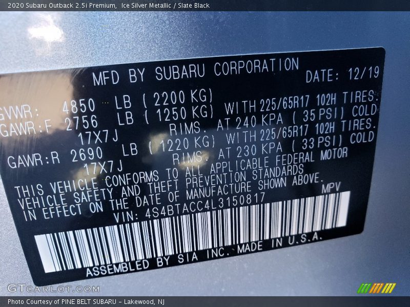 Ice Silver Metallic / Slate Black 2020 Subaru Outback 2.5i Premium