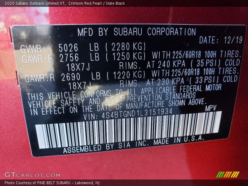 Crimson Red Pearl / Slate Black 2020 Subaru Outback Limited XT