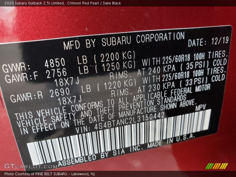 Crimson Red Pearl / Slate Black 2020 Subaru Outback 2.5i Limited