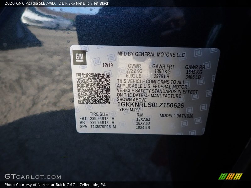 Dark Sky Metallic / Jet Black 2020 GMC Acadia SLE AWD