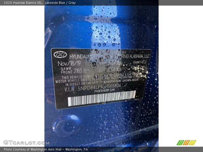 Lakeside Blue / Gray 2020 Hyundai Elantra SEL
