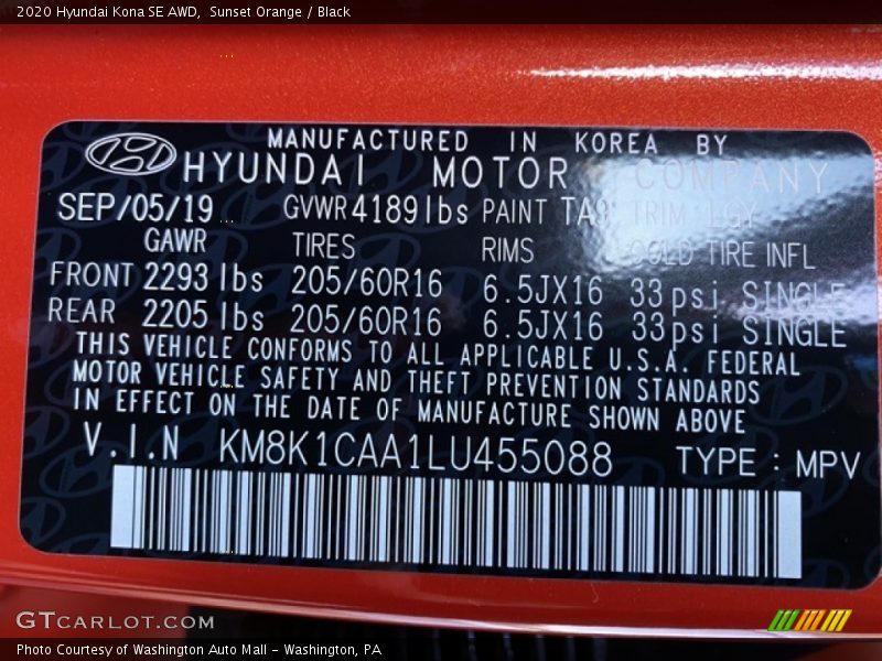 Sunset Orange / Black 2020 Hyundai Kona SE AWD