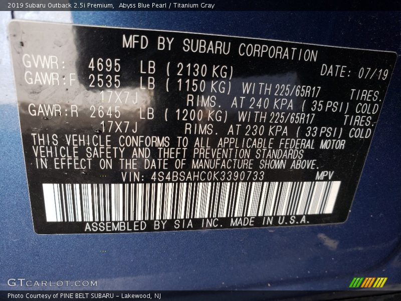 Abyss Blue Pearl / Titanium Gray 2019 Subaru Outback 2.5i Premium