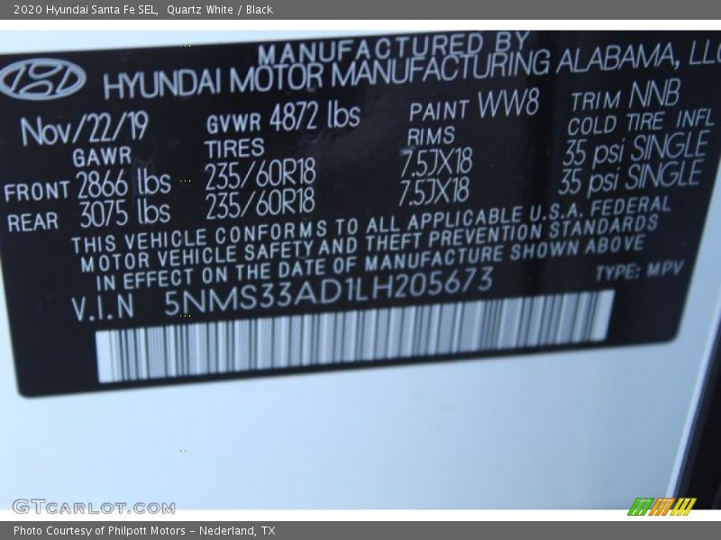 Quartz White / Black 2020 Hyundai Santa Fe SEL