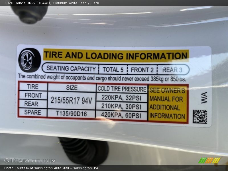 Platinum White Pearl / Black 2020 Honda HR-V EX AWD