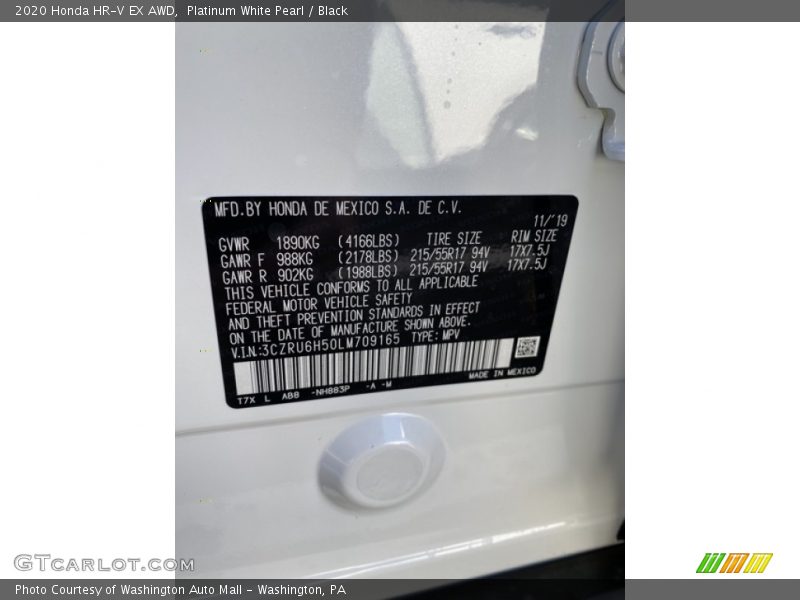 Platinum White Pearl / Black 2020 Honda HR-V EX AWD