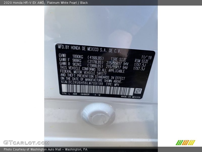 Platinum White Pearl / Black 2020 Honda HR-V EX AWD