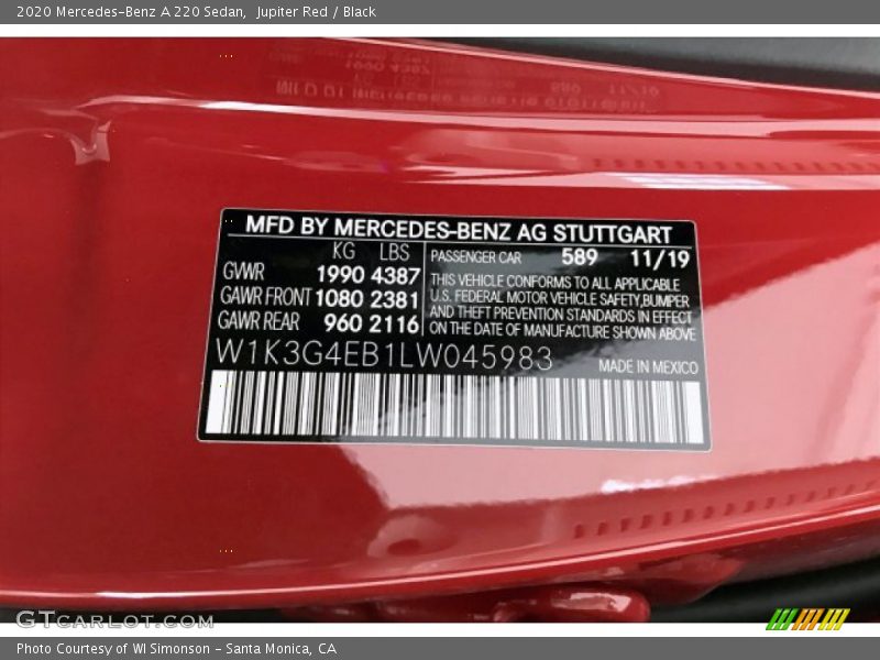 Jupiter Red / Black 2020 Mercedes-Benz A 220 Sedan
