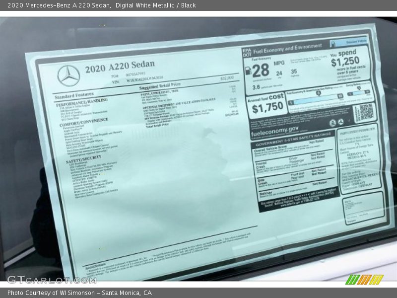 Digital White Metallic / Black 2020 Mercedes-Benz A 220 Sedan