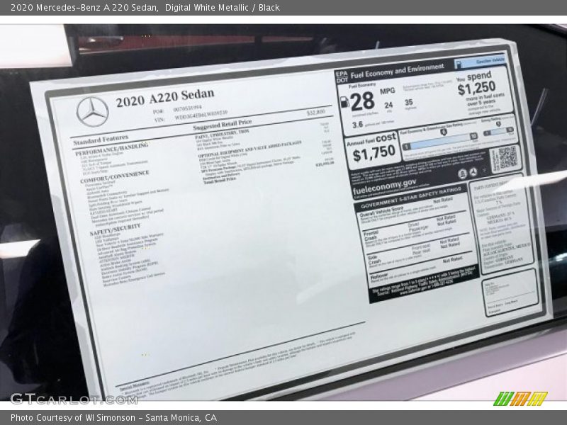 Digital White Metallic / Black 2020 Mercedes-Benz A 220 Sedan