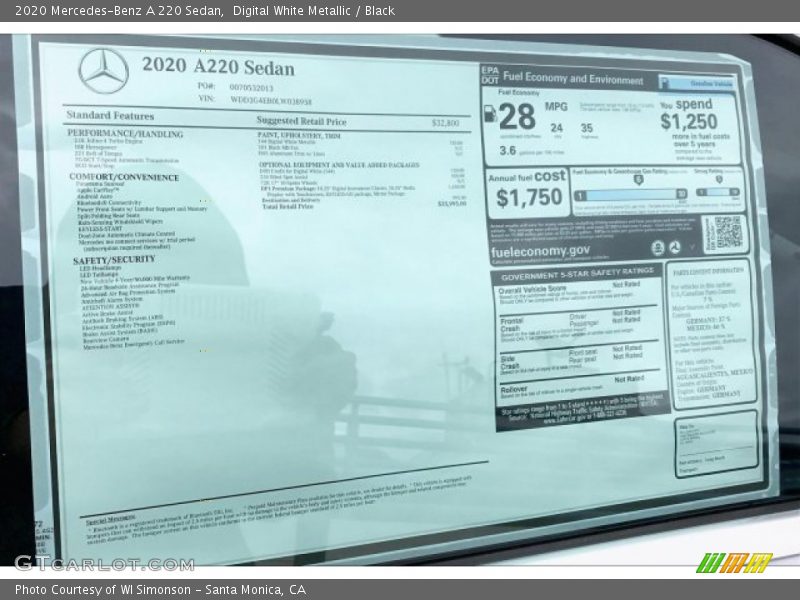 Digital White Metallic / Black 2020 Mercedes-Benz A 220 Sedan
