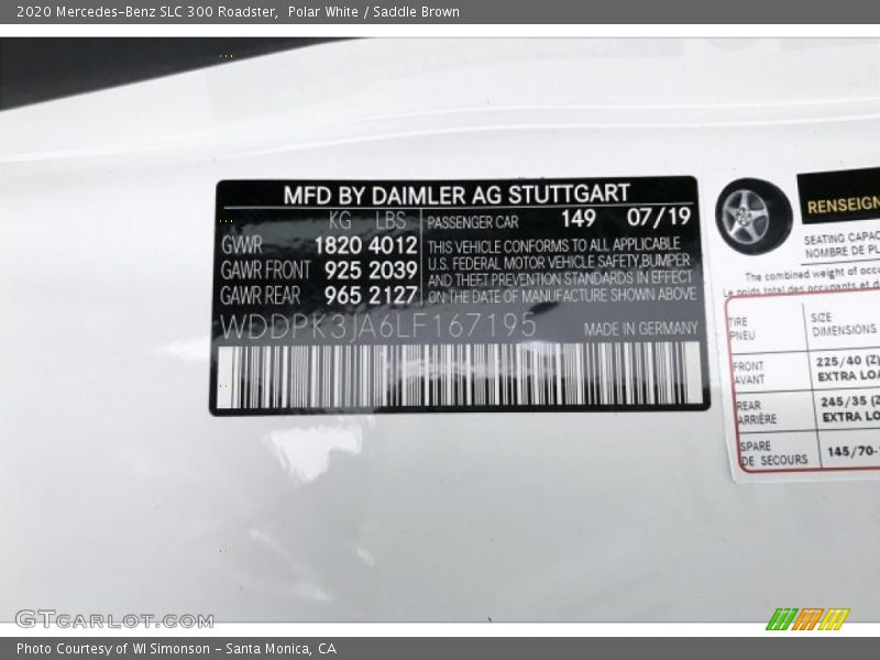 2020 SLC 300 Roadster Polar White Color Code 149