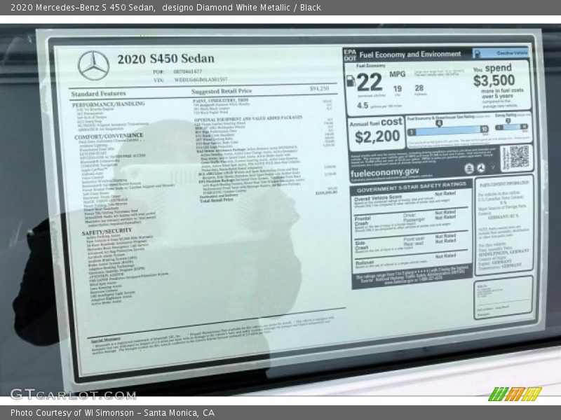  2020 S 450 Sedan Window Sticker