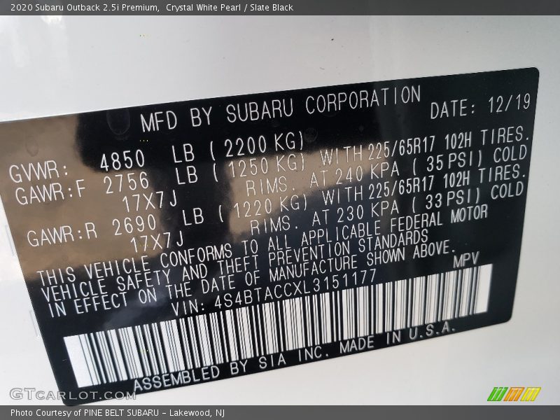 Crystal White Pearl / Slate Black 2020 Subaru Outback 2.5i Premium