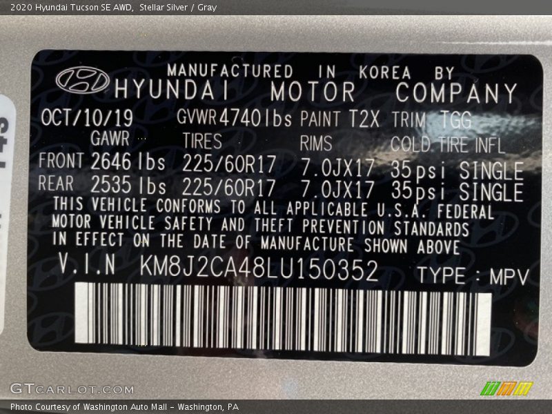 2020 Tucson SE AWD Stellar Silver Color Code T2X