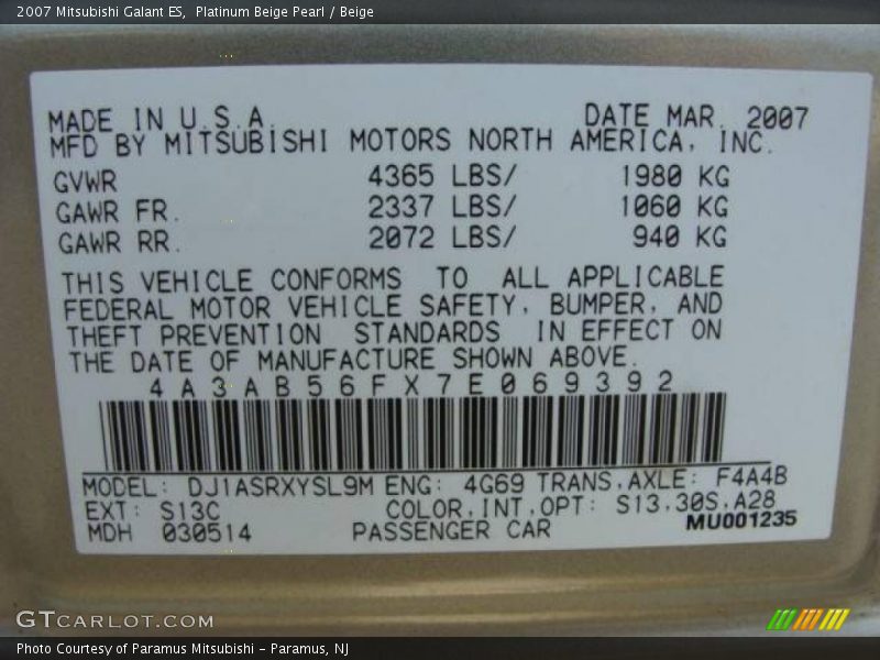 Platinum Beige Pearl / Beige 2007 Mitsubishi Galant ES