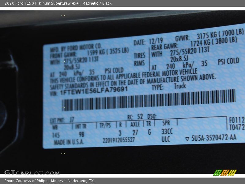 2020 F150 Platinum SuperCrew 4x4 Magnetic Color Code J7
