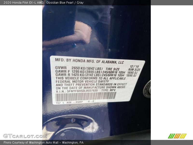 Obsidian Blue Pearl / Gray 2020 Honda Pilot EX-L AWD