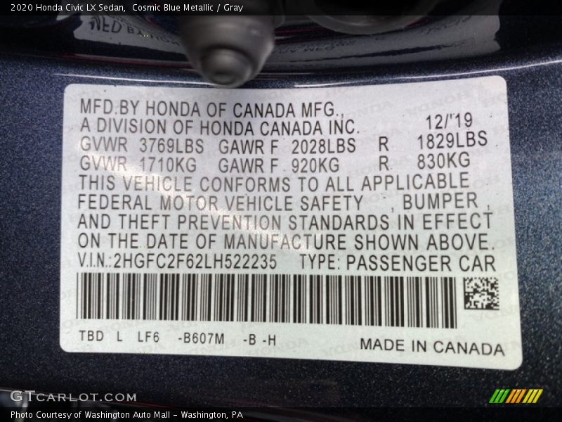 Cosmic Blue Metallic / Gray 2020 Honda Civic LX Sedan