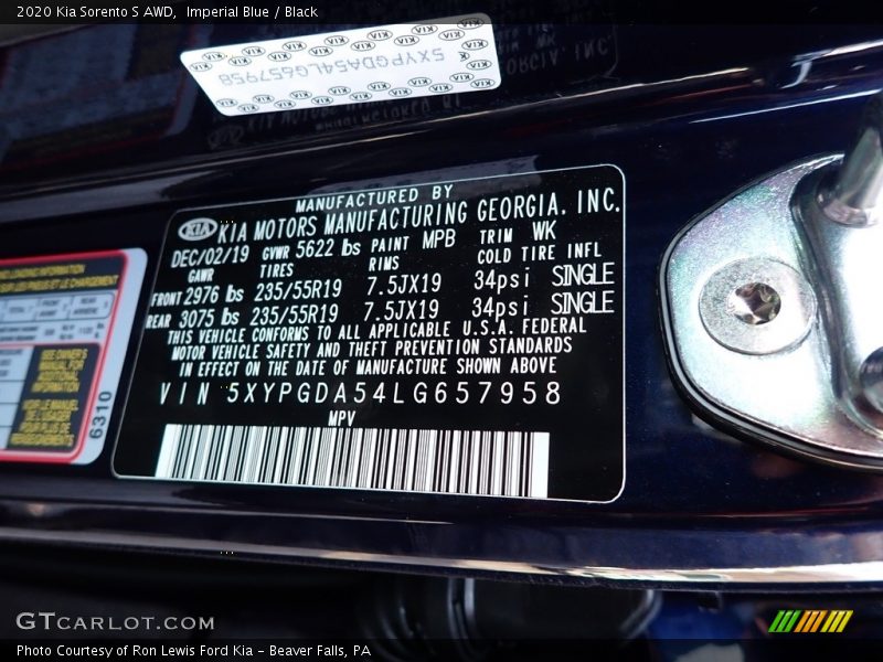 2020 Sorento S AWD Imperial Blue Color Code MPB