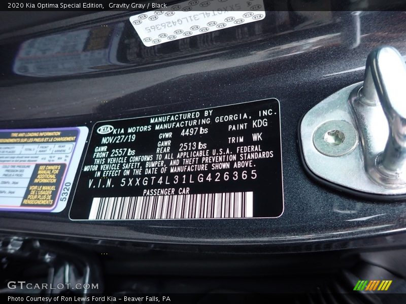 2020 Optima Special Edition Gravity Gray Color Code KDG