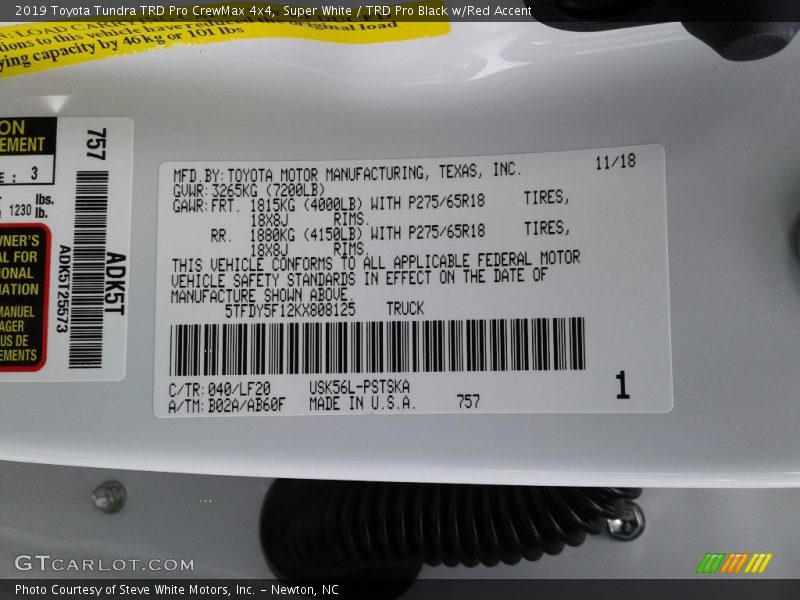 2019 Tundra TRD Pro CrewMax 4x4 Super White Color Code 040