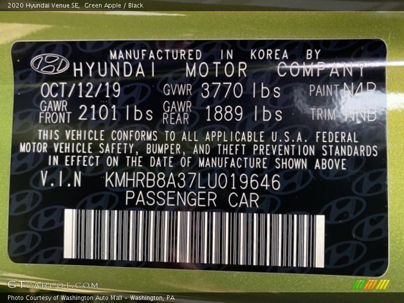 2020 Venue SE Green Apple Color Code N4P