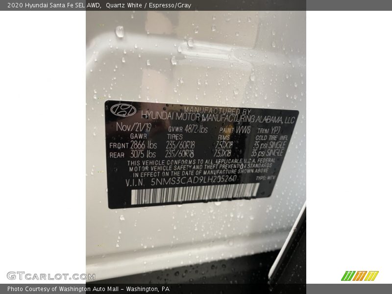 Quartz White / Espresso/Gray 2020 Hyundai Santa Fe SEL AWD